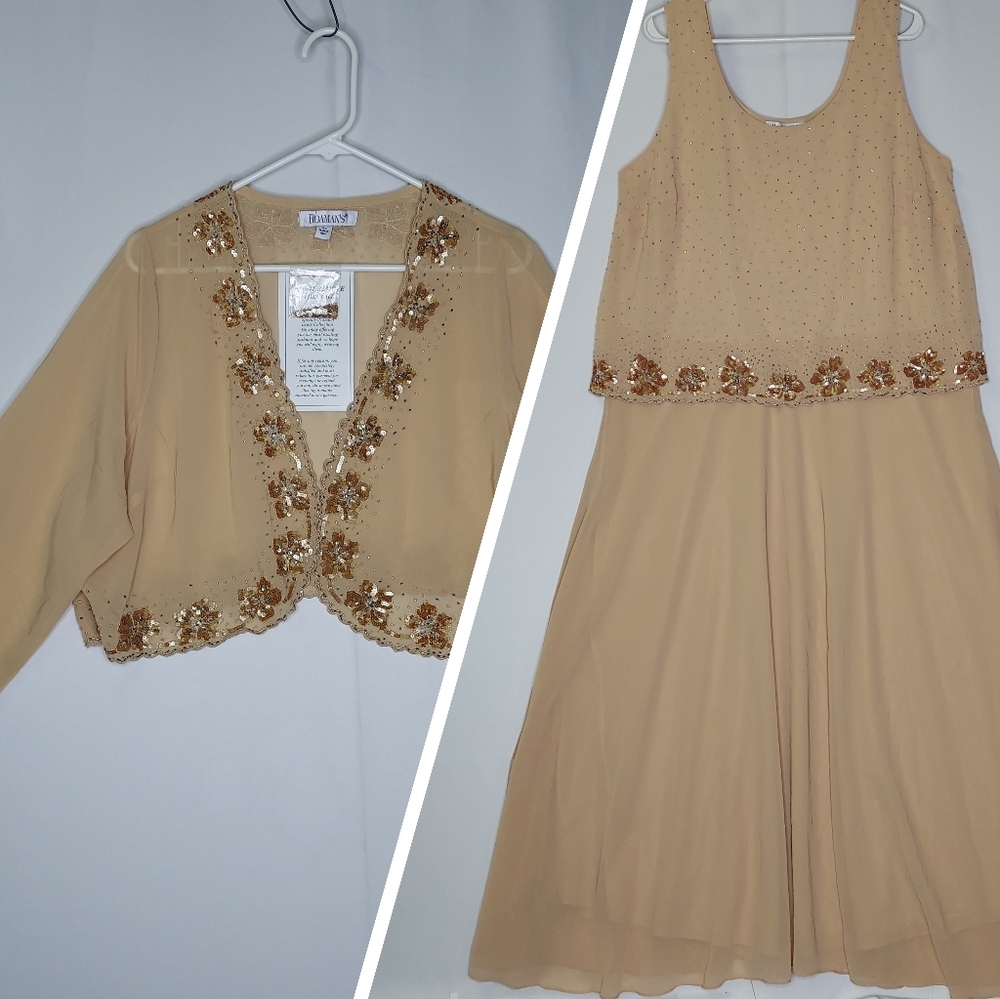 Roamans Dress Jacket Set 18W Sequin Chiffon Beige Mother Of Bride Evening Guest